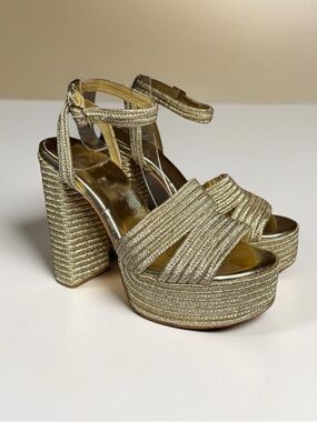 🌻NEW NWOT JEFFREY CAMPBELL Yawl Ankle Strap Sandal In Metallic Raffia Size 8.5